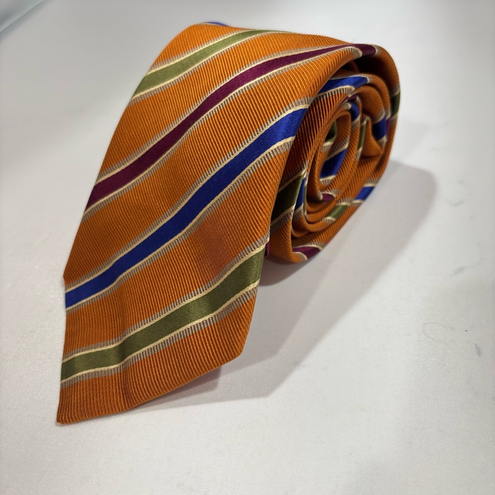 Peter Millar Orange Striped Neck Tie 50 Silk/50 Cotton Made In Italy